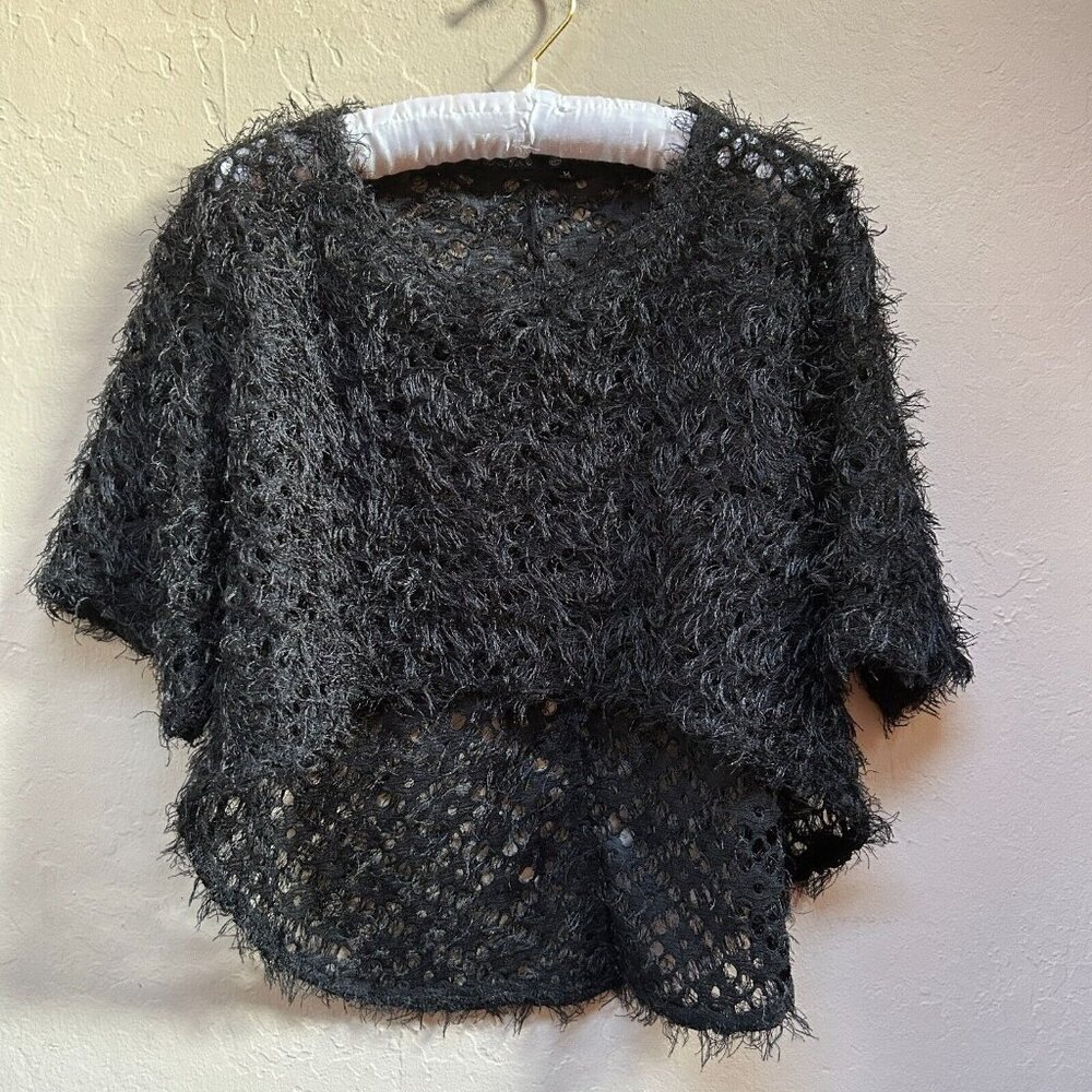 Tara Vao Women's Fuzzy Sweater Medium Open Knit Sheer Faux Fur Black Cozy